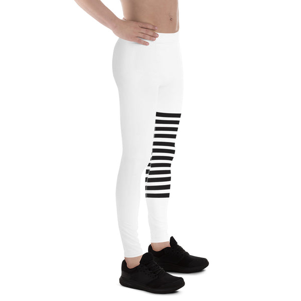 Black White Horizontally Striped Meggings, Premium Men's Leggings Compression Tights For Men - Made in USA/EU/MX