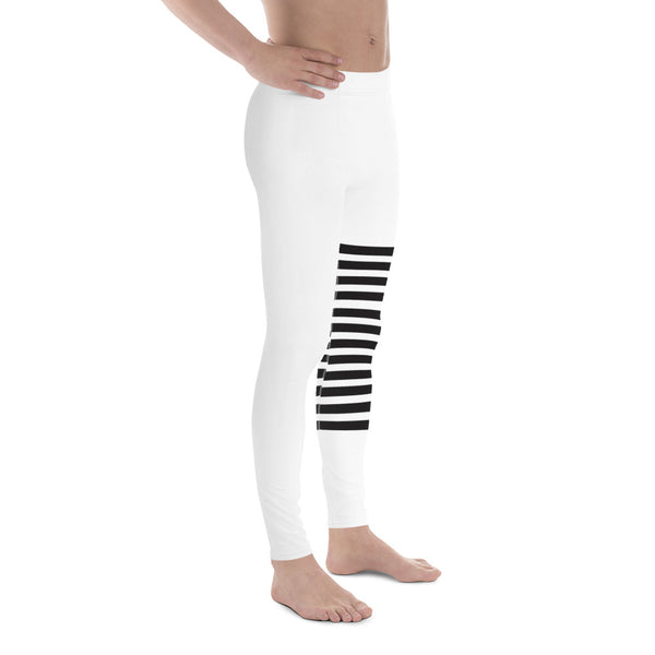 Black White Horizontally Striped Meggings, Premium Men's Leggings Compression Tights For Men - Made in USA/EU/MX