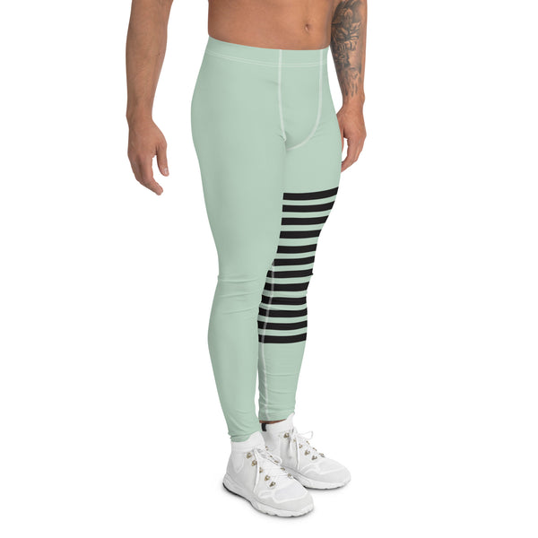 Pastel Green Striped Meggings, Pastel Horizontally Striped Men's Leggings