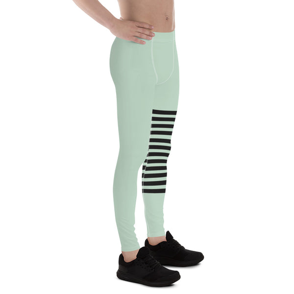 Pastel Green Striped Meggings, Pastel Horizontally Striped Men's Leggings