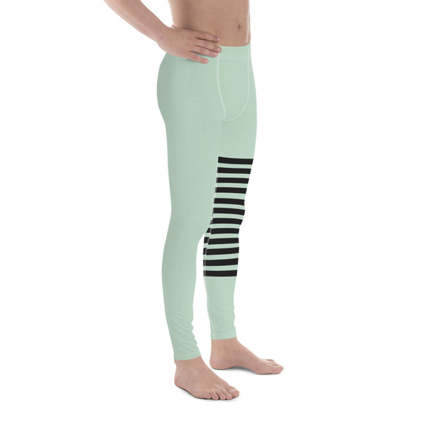Pastel Green Striped Meggings, Pastel Horizontally Striped Men's Leggings