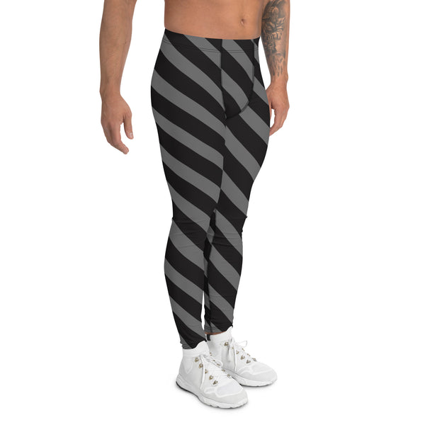 Grey Black Striped Meggings, Diagonally Striped Men's Leggings