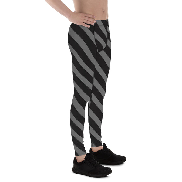 Grey Black Striped Meggings, Diagonally Striped Men's Leggings