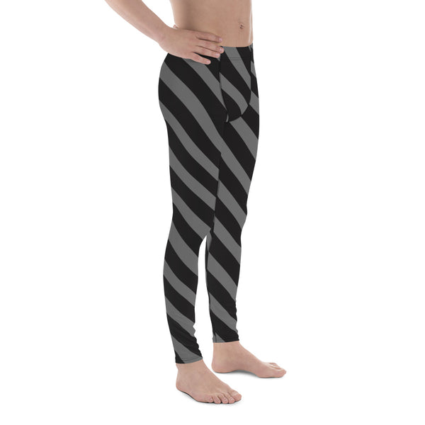 Grey Black Striped Meggings, Diagonally Striped Men's Leggings