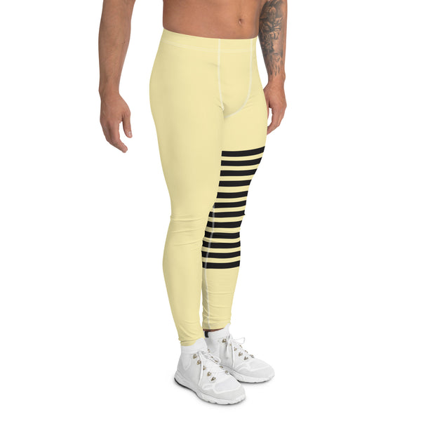 Pastel Yellow Striped Meggings, Horizontal Stripes Men's Leggings