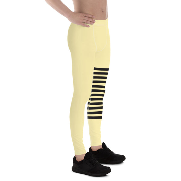 Pastel Yellow Striped Meggings, Horizontal Stripes Men's Leggings