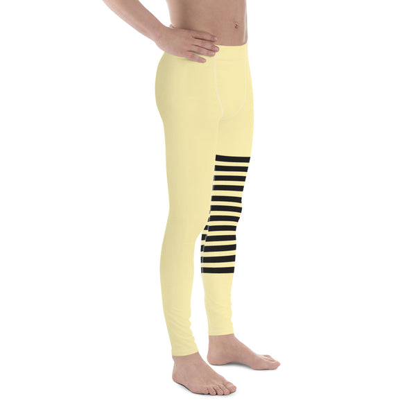 Pastel Yellow Striped Meggings, Horizontal Stripes Men's Leggings
