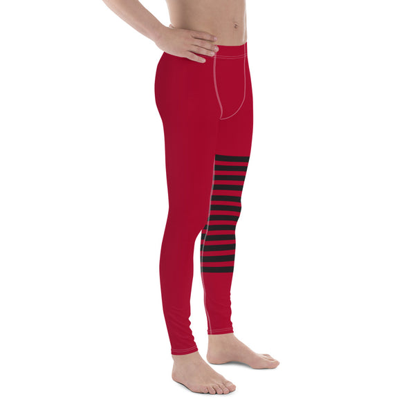 Red Black Striped Meggings, Best Horizontal Stripes Men's Leggings