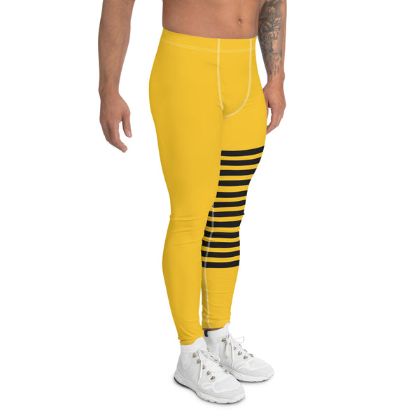 Bright Yellow Striped Meggings, Designer Horizontal Stripes Men's Leggings