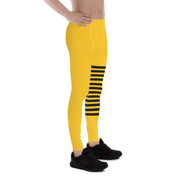 Bright Yellow Striped Meggings, Designer Horizontal Stripes Men's Leggings