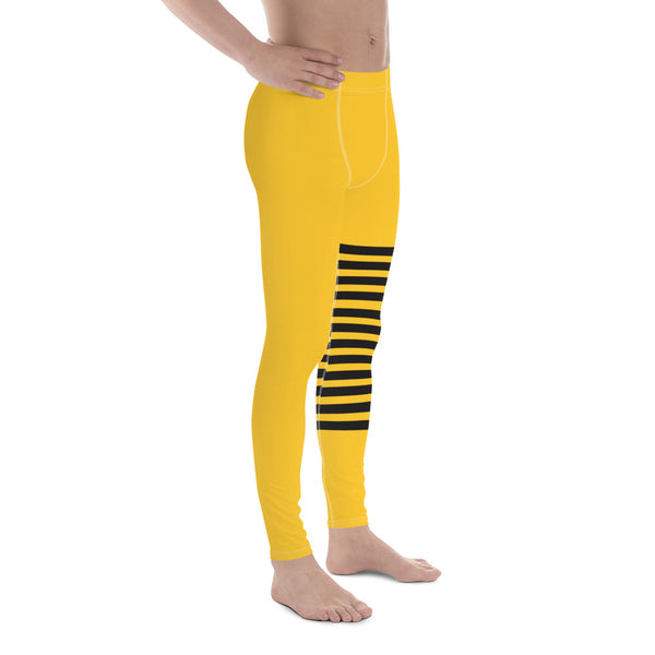 Bright Yellow Striped Meggings, Designer Horizontal Stripes Men's Leggings