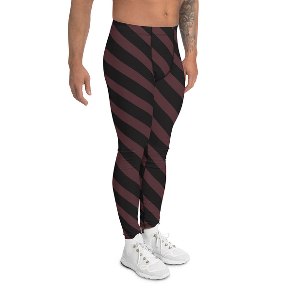 Brown Black Diagonal Striped Meggings, Men's Leggings