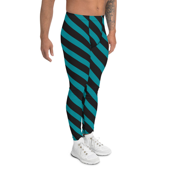 Teal Blue Black Striped Meggings, Diagonal Stripes Best Men's Leggings