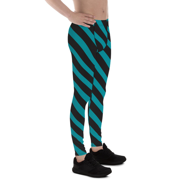 Teal Blue Black Striped Meggings, Diagonal Stripes Best Men's Leggings