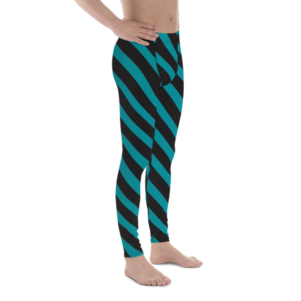 Teal Blue Black Striped Meggings, Diagonal Stripes Best Men's Leggings