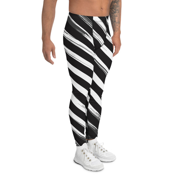 Black Abstract Striped Meggings, White and Black Diagonal Stripes Abstract Designer Print Sexy Meggings Men's Workout Gym Tights Leggings, Men's Compression Tights Pants - Made in USA/ EU/ MX (US Size: XS-3XL)&nbsp;