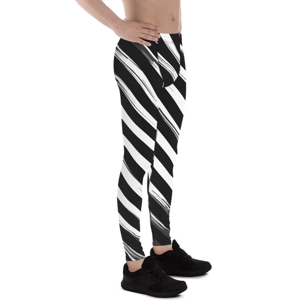 Black Abstract Striped Meggings, Diagonal Stripes Men's Leggings For Men - Made in USA/EU/MX