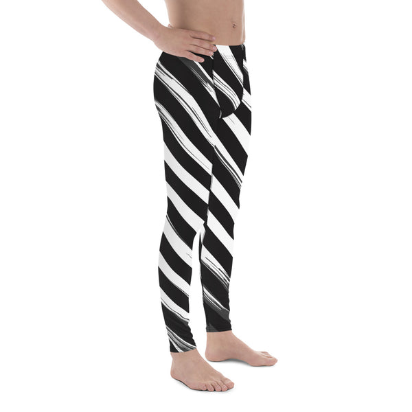 Black Abstract Striped Meggings, Diagonal Stripes Men's Leggings For Men - Made in USA/EU/MX