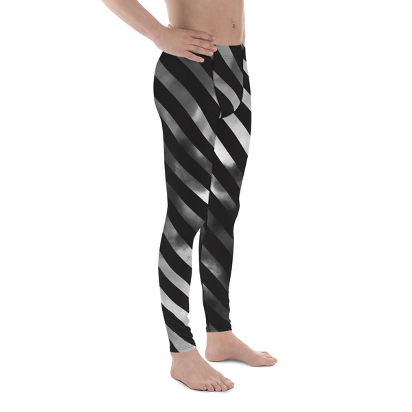 Black Diagonally Striped Meggings, Grey Ombre Tie Dye Men's Leggings Meggings Compression Tights - Made in USA/EU/USA