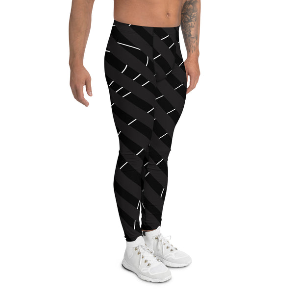 Black Diagonally Striped Meggings, Designer Best Graphic Stripes Men's Leggings