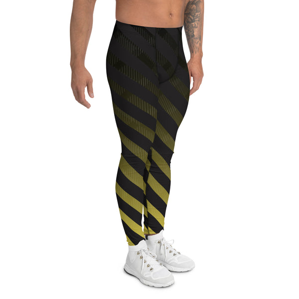 Black Diagonally Striped Meggings, Best Designer Yellow and Black Men's Leggings