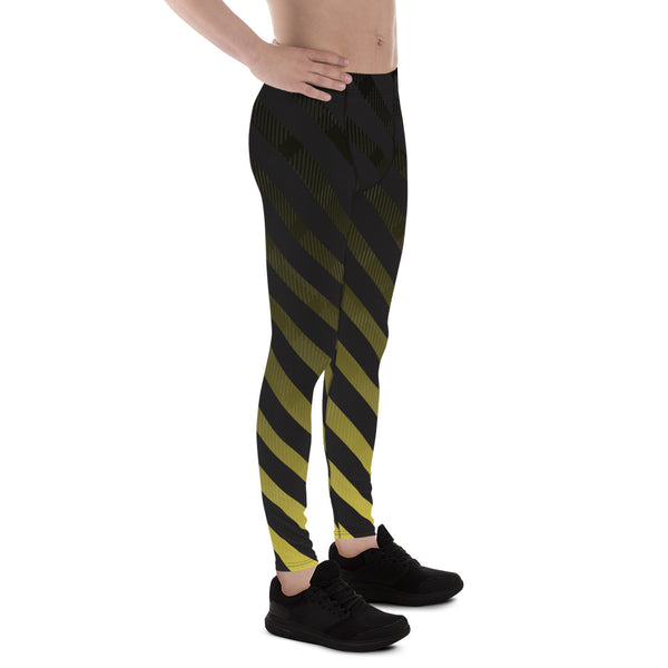 Black Diagonally Striped Meggings, Best Designer Yellow and Black Men's Leggings