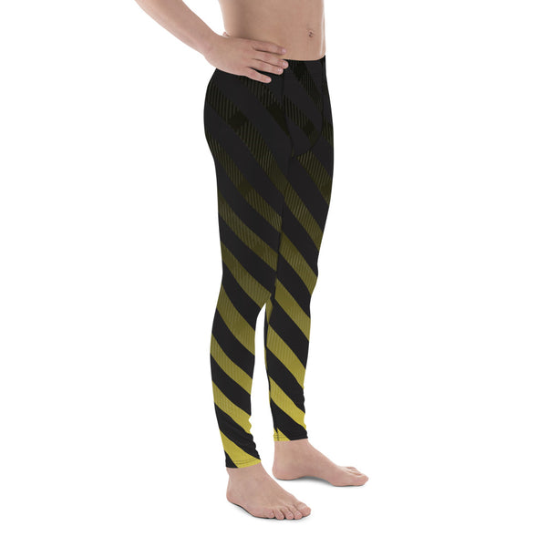 Black Diagonally Striped Meggings, Best Designer Yellow and Black Men's Leggings