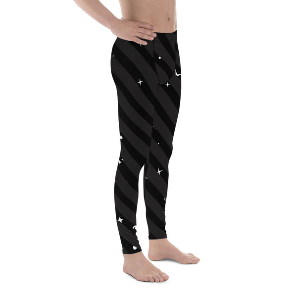 Black Diagonal Striped Meggings, Starry Print Men's Leggings