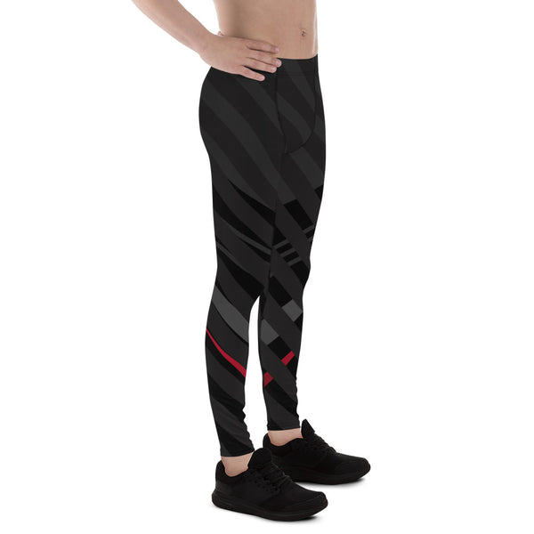 Black Red Striped Meggings, Diagonally Stripes Men's Leggings Running Compression Tights For Men - Made in USA/EU/MX