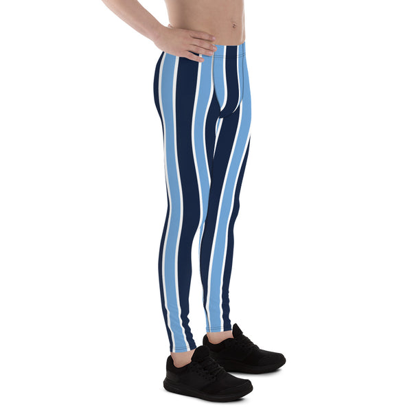 Blue Striped Best Meggings, Vertical Stripes Designer Men's Leggings