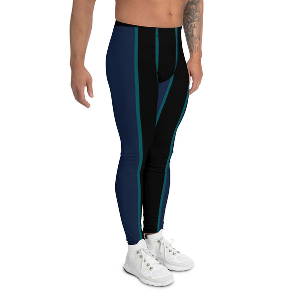 Black Blue Striped Meggings, Best Premium Vertical Striped Men's Leggings