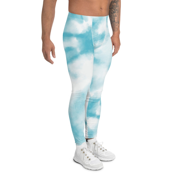 Abstract Tie Dye Men's Leggings, White and Blue Abstract Designer Print Sexy Meggings Men's Workout Gym Tights Leggings, Men's Compression Tights Pants - Made in USA/ EU/ MX (US Size: XS-3XL)&nbsp;