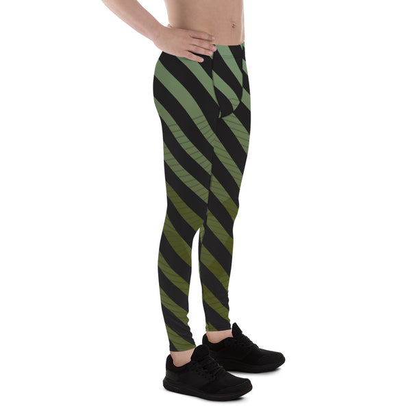Green Black Diagonally Striped Meggings, Best Men's Leggings