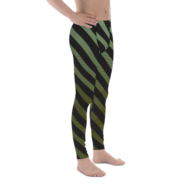 Green Black Diagonally Striped Meggings, Best Men's Leggings
