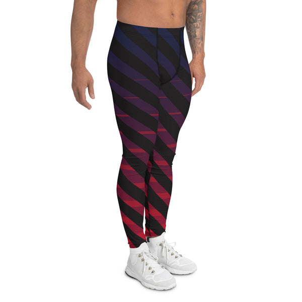 Blue Pink Diagonally Striped Meggings, Best Black Stripes Men's Leggings