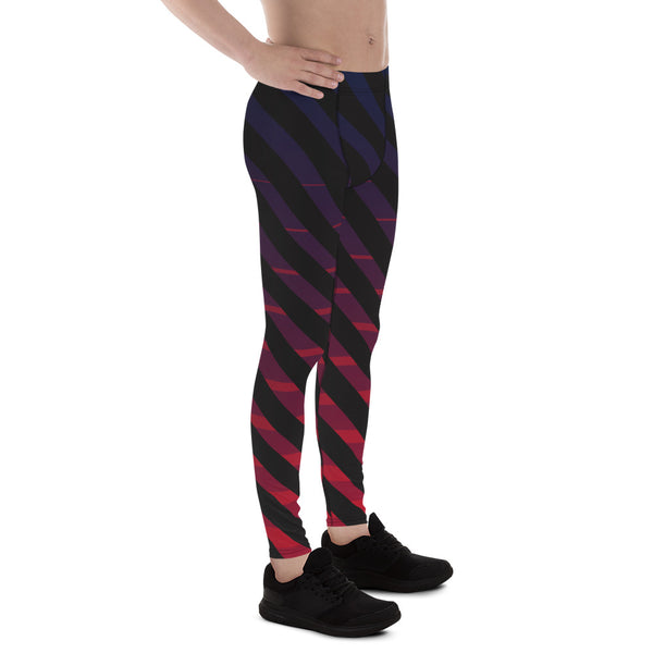 Blue Pink Diagonally Striped Meggings, Best Black Stripes Men's Leggings