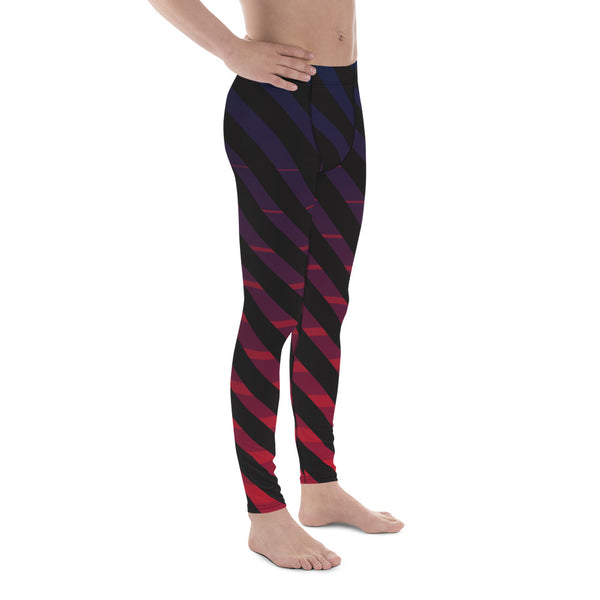 Blue Pink Diagonally Striped Meggings, Best Black Stripes Men's Leggings