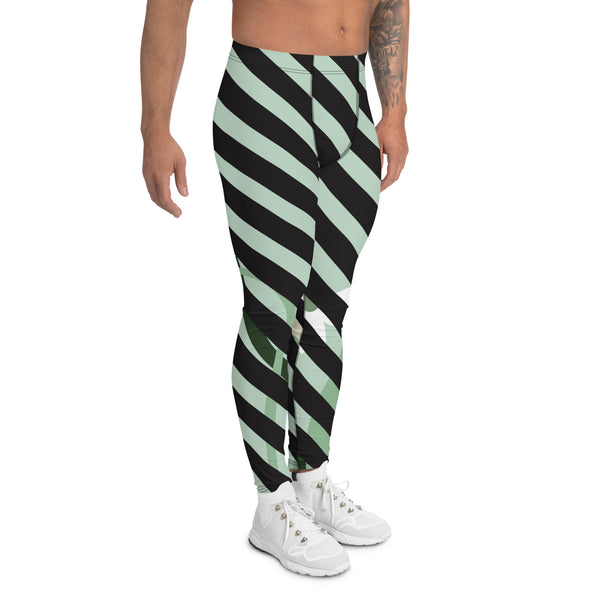 Diagonal Striped Black Green Meggings, Green Floral Print Meggings, Black Diagonal StripedFloral Print Abstract Designer Print Sexy Meggings Men's Workout Gym Tights Leggings, Men's Compression Tights Pants - Made in USA/ EU/ MX (US Size: XS-3XL)&nbsp;