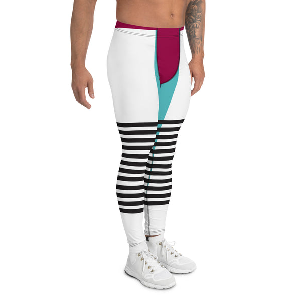 Pink Blue Striped Meggings, Horizontal Black Striped Men's Leggings