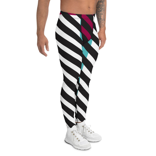 Black Diagonally Striped Meggings, Pink Blue Color Block Men's Leggings