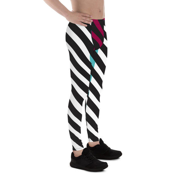 Black Diagonally Striped Meggings, Pink Blue Color Block Men's Leggings