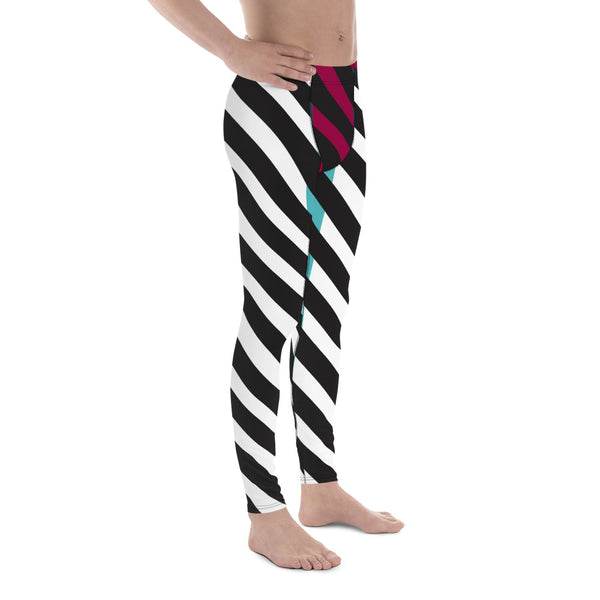 Black Diagonally Striped Meggings, Pink Blue Color Block Men's Leggings