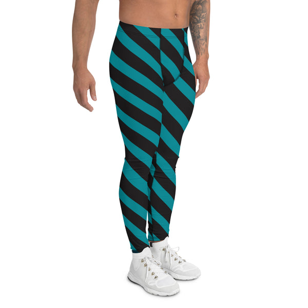 Blue Black Diagonally Striped Meggings, Best Designer Men's Leggings