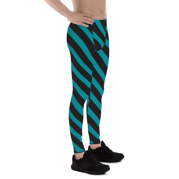 Blue Black Diagonally Striped Meggings, Best Designer Men's Leggings