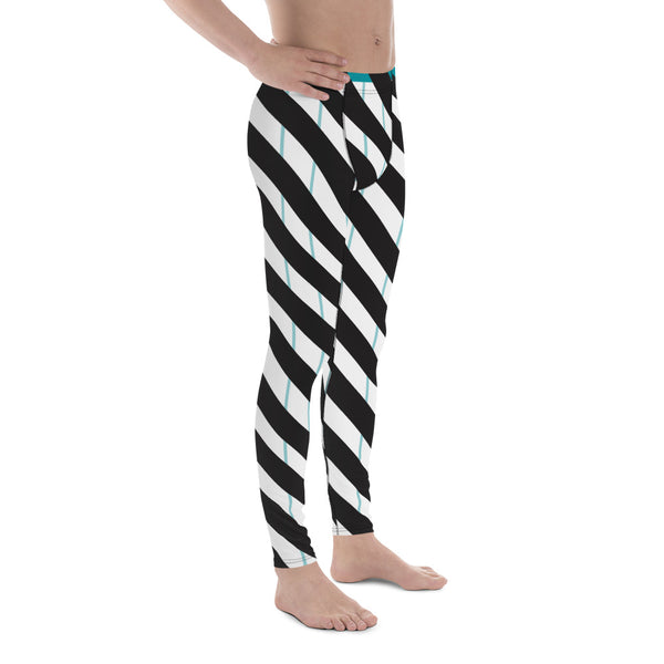 Blue Striped Meggings, Black Diagonally Stripeds Men's Leggings