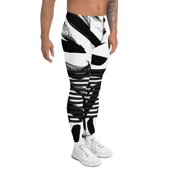 Black Abstract Dotted&nbsp; Men's Leggings, Black Striped White and Black Abstract Designer Print Sexy Meggings Men's Workout Gym Tights Leggings, Men's Compression Tights Pants - Made in USA/ EU/ MX (US Size: XS-3XL)&nbsp;