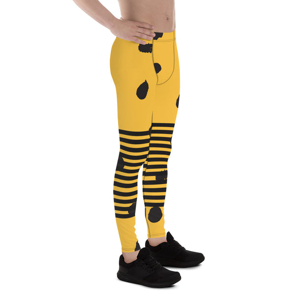 Yellow Abstract Dotted&nbsp; Men's Leggings, Black Striped Yellow and Black Abstract Designer Print Sexy Meggings Men's Workout Gym Tights Leggings, Men's Compression Tights Pants - Made in USA/ EU/ MX (US Size: XS-3XL)&nbsp;