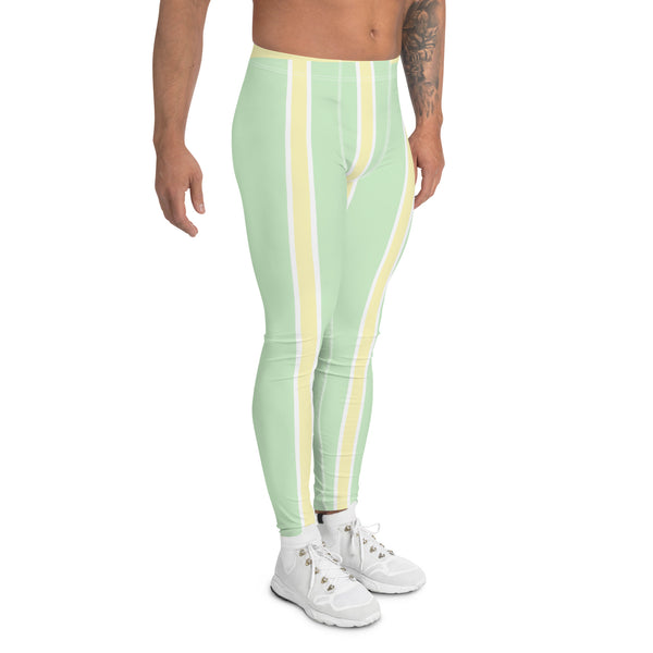 Green Yellow Pastel Color Meggings, Vertical Striped Men's Leggings
