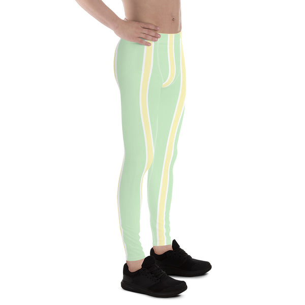 Green Yellow Pastel Color Meggings, Vertical Striped Men's Leggings