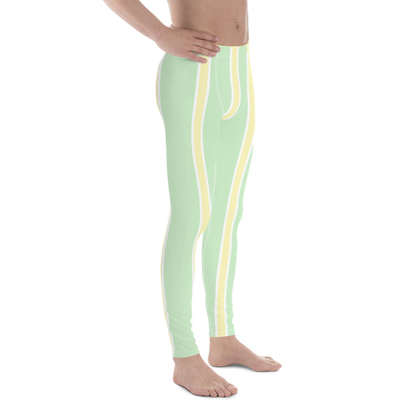 Green Yellow Pastel Color Meggings, Vertical Striped Men's Leggings